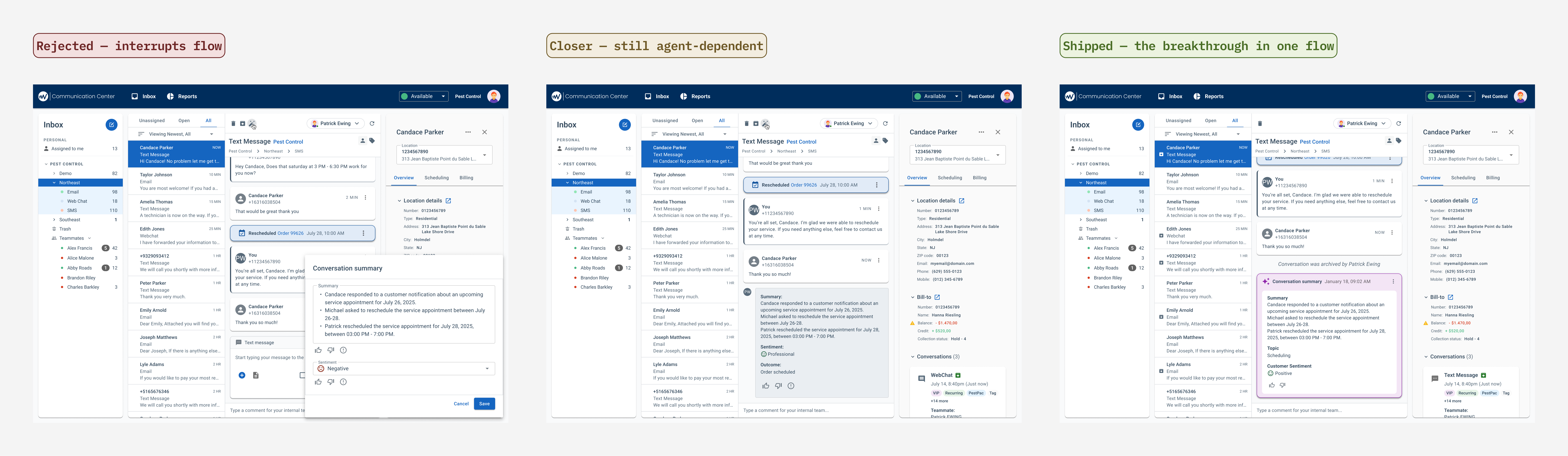 Three design iterations: rejected overlay panel, modal gate, and final in-thread summary