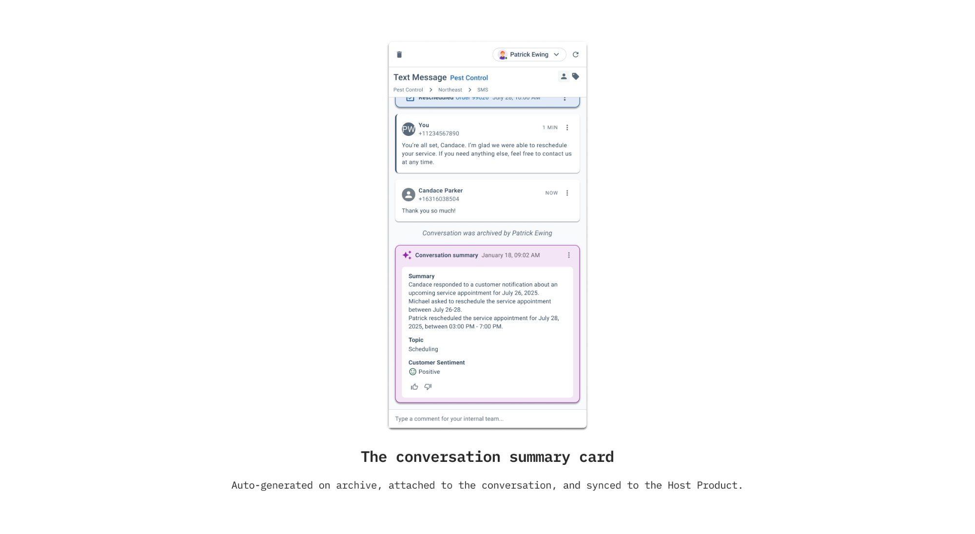 The shipped conversation summary card, auto-generated on archive, synced to the host product