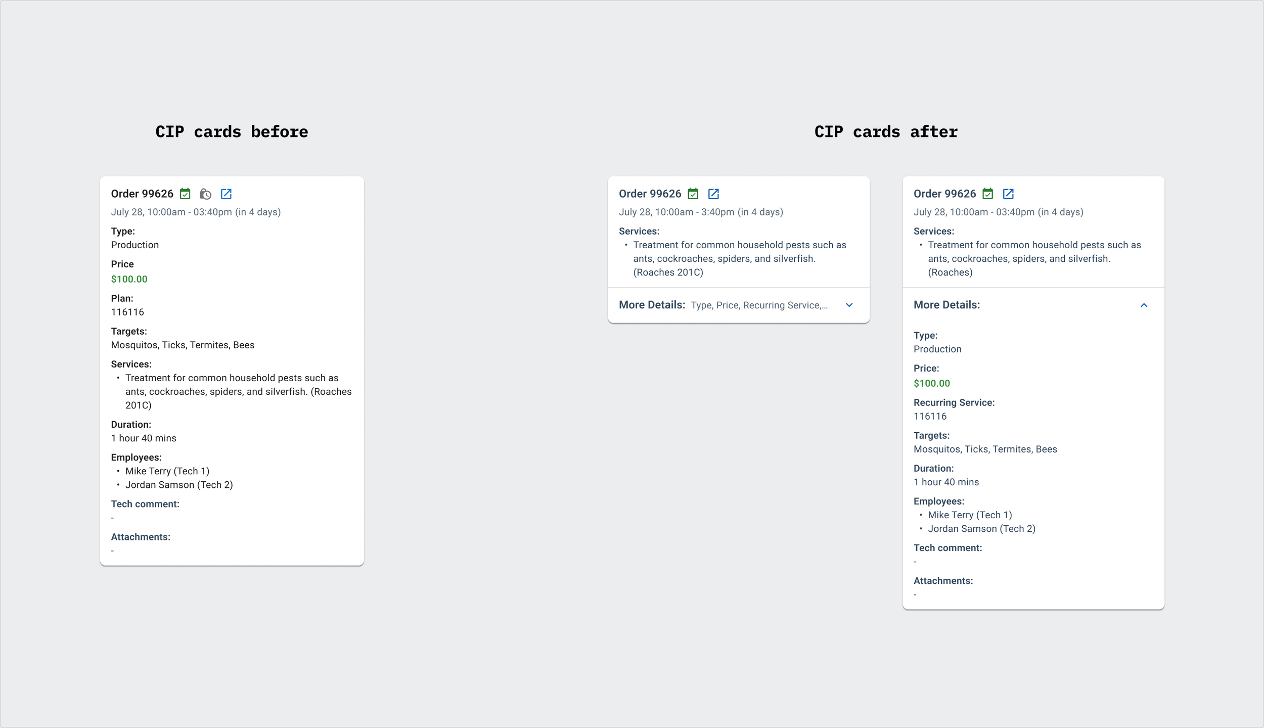 CIP service order cards before and after redesign