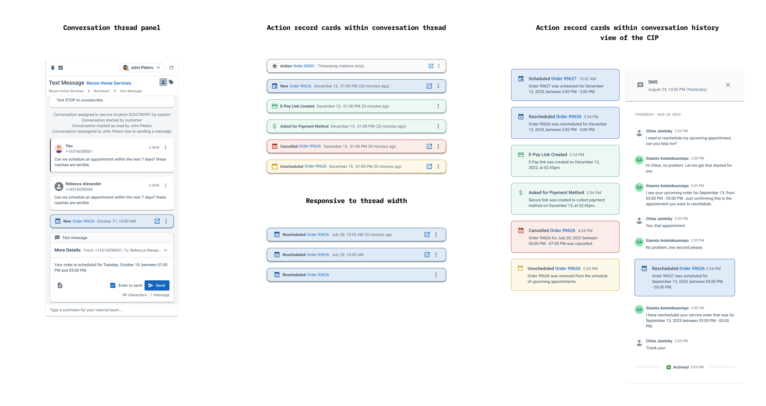 Action record cards across conversation thread, history view, and CIP